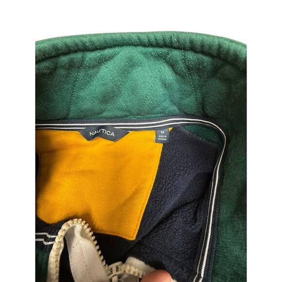 "Nautica" 1/4 Mens Sweatshirt Navy /Green Pockets L Chest Logo SZ M Colorblock - Picture 4 of 10